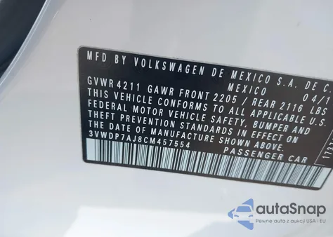 2012 Volkswagen Jetta 2.5L Se z USA, uszkodzony, nr VIN 3VWDP7AJ8CM457554